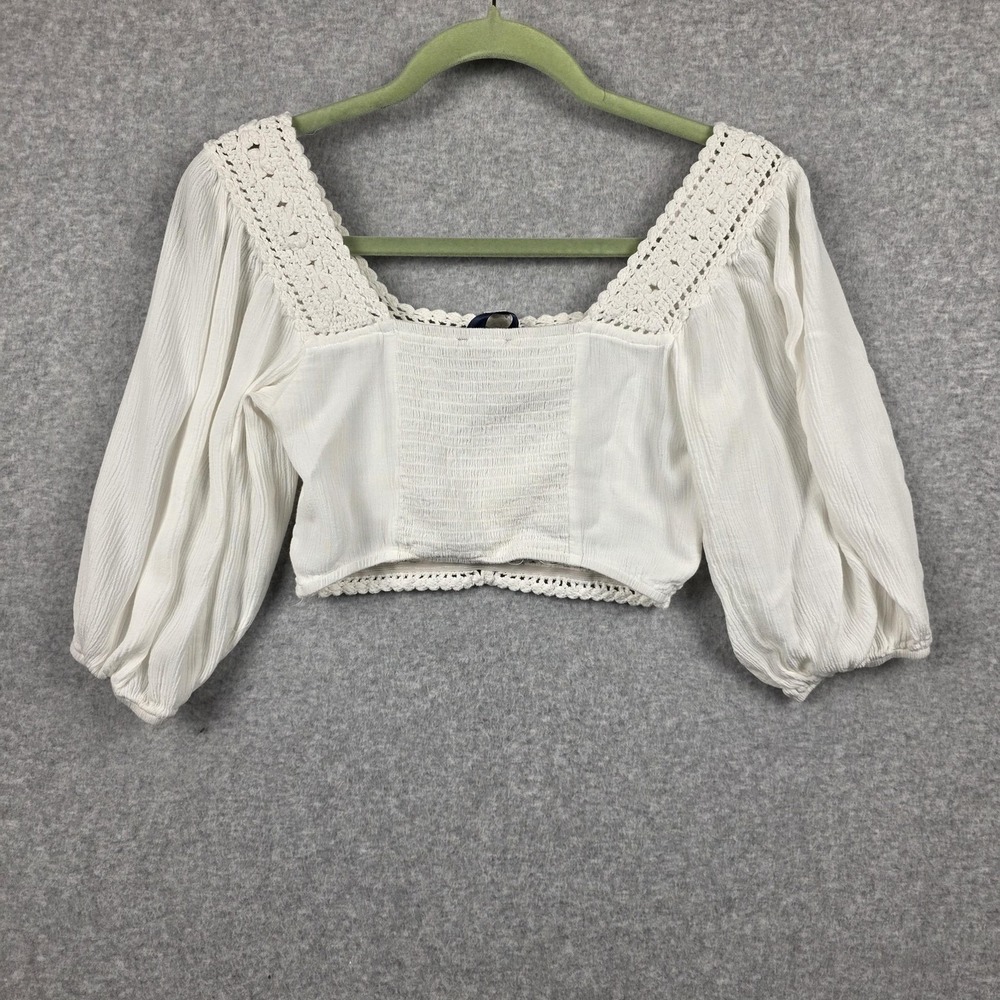 Blue Rain Blouse Womens Small‎ White Crochet Square Neck Puff Sleeve Crop Boho